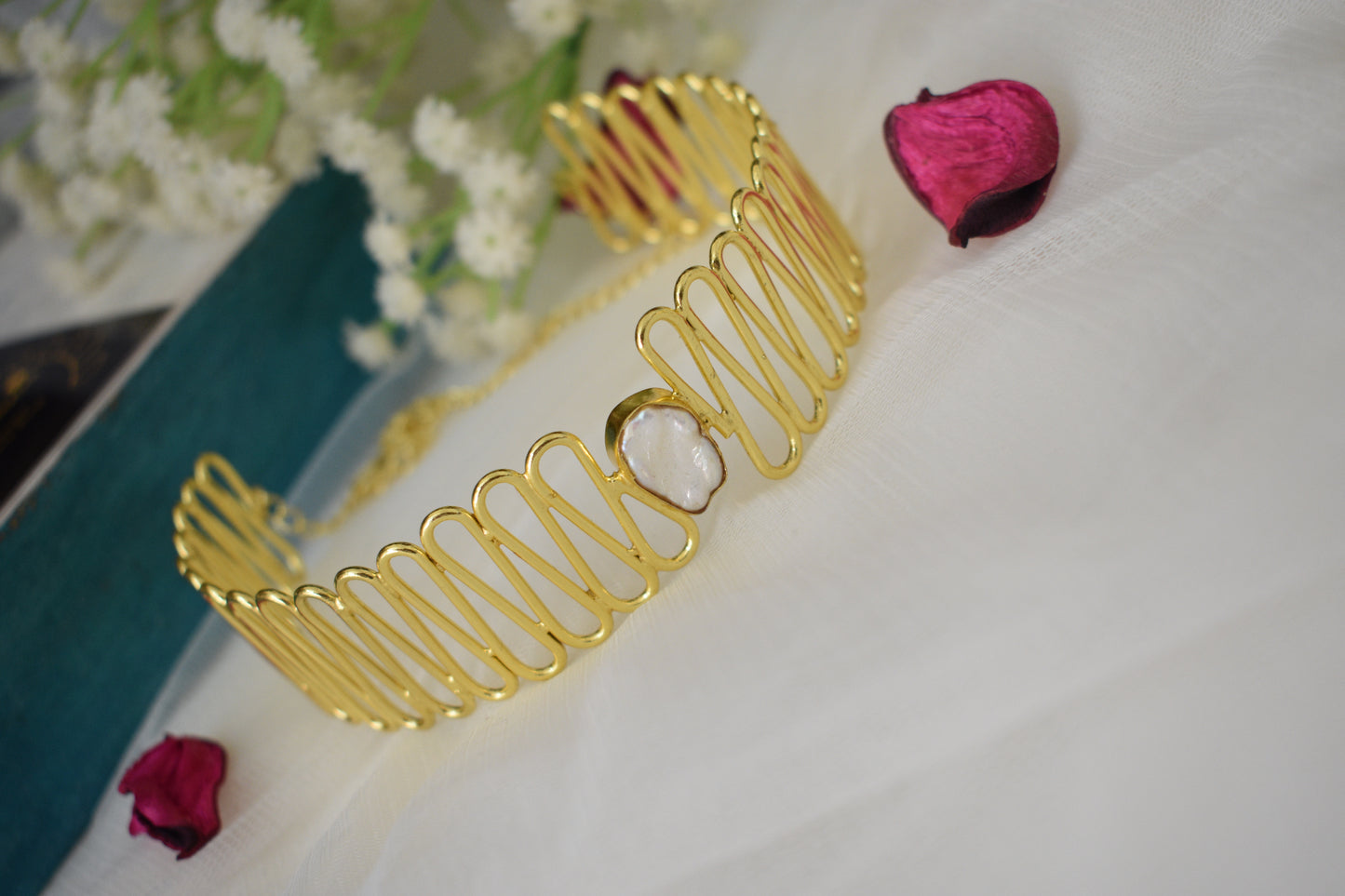 combo-Brass statement choker with Baroque Pearl,earring, Hand cuff & a Finger Ring