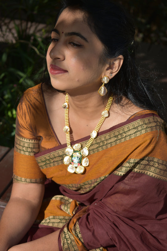 krishna Meenakari Handpainted mother of pearl long Har necklace with earrings