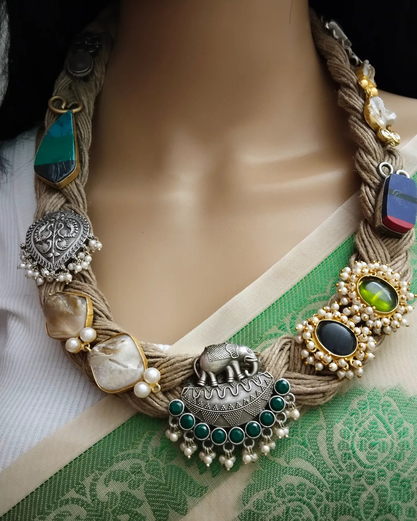 Unique Jute Neckwear adorned with mother of pearl, monalisa stone & silver replica pendants