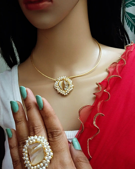 3 piece combo -Unique Mother of pearl choker include necklace, earring with a finger Ring