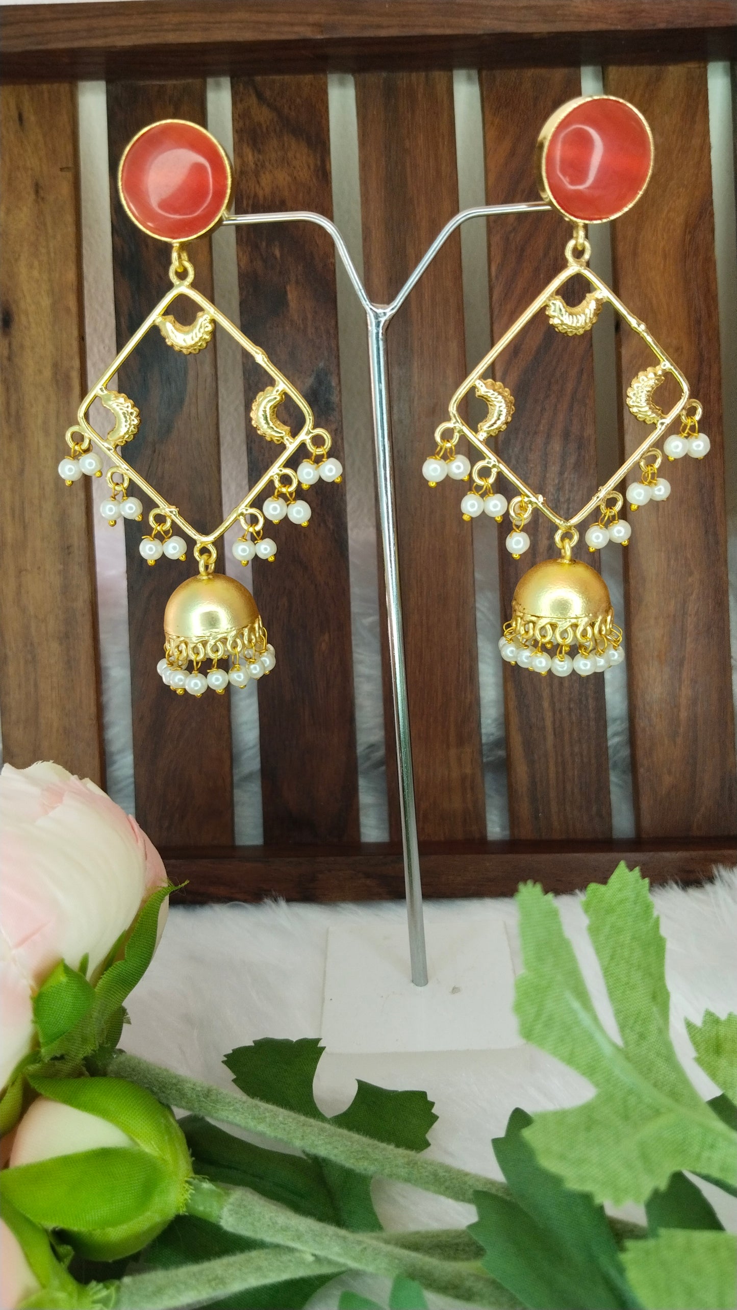 Weightless long Jhumka with monalisa stone in orange & sky blue with pearl Adorned