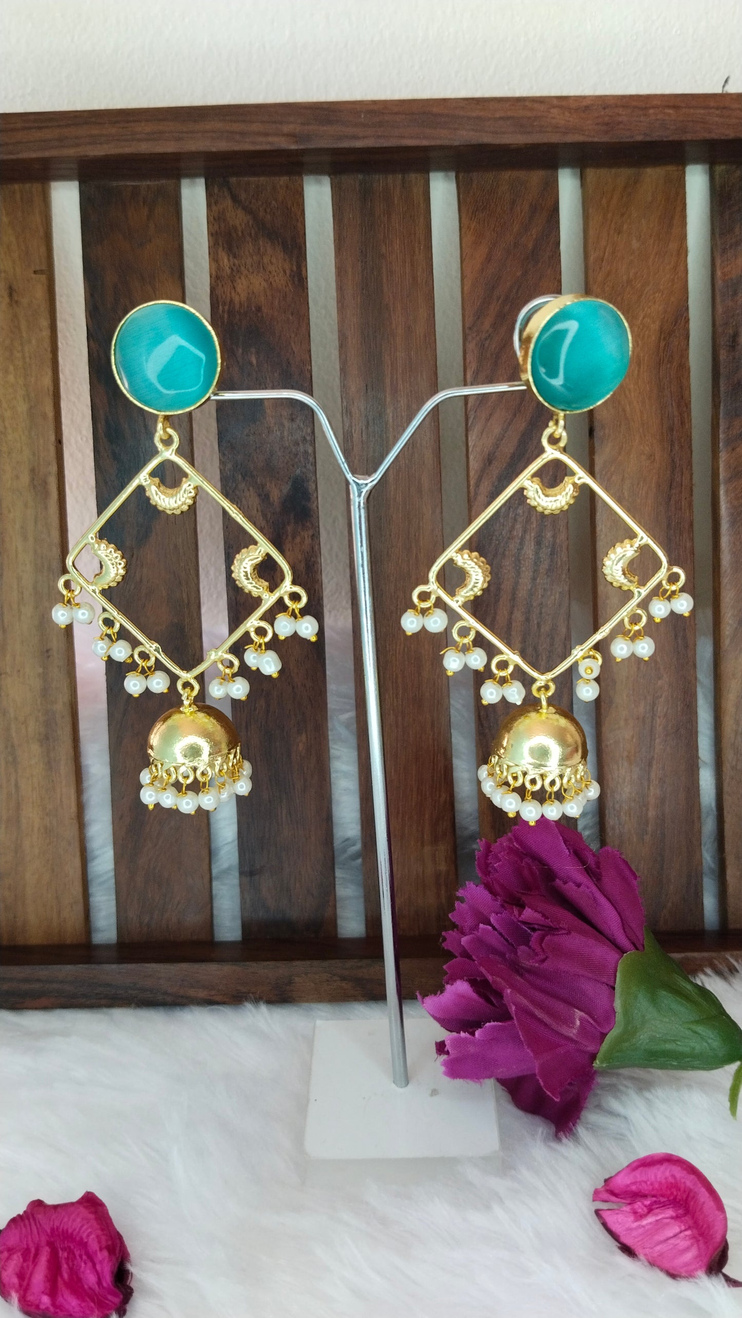 Weightless long Jhumka with monalisa stone in orange & sky blue with pearl Adorned
