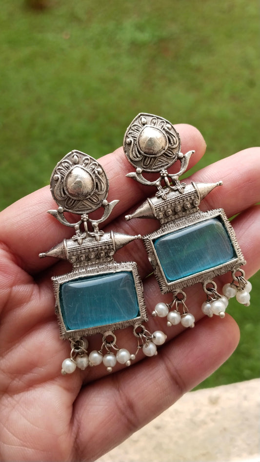 Silver Replica rectangle shaped monalisa stone earring in pink ,sky blue & Black