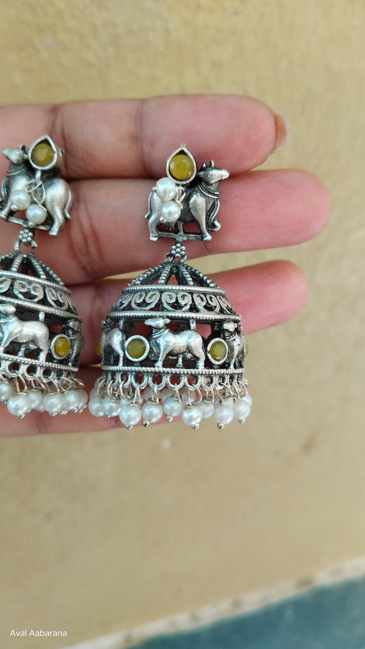 Silver Replica Nandi Jhumka ( Pink & Yellow)