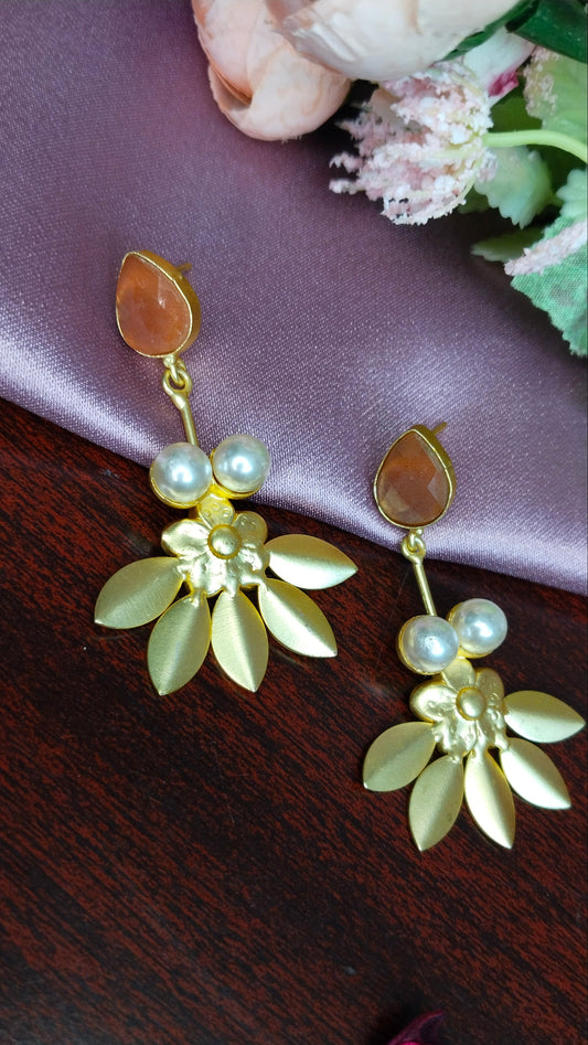 Orange& sky blue Monalisa stone with self designed leaf shaped Brass earring