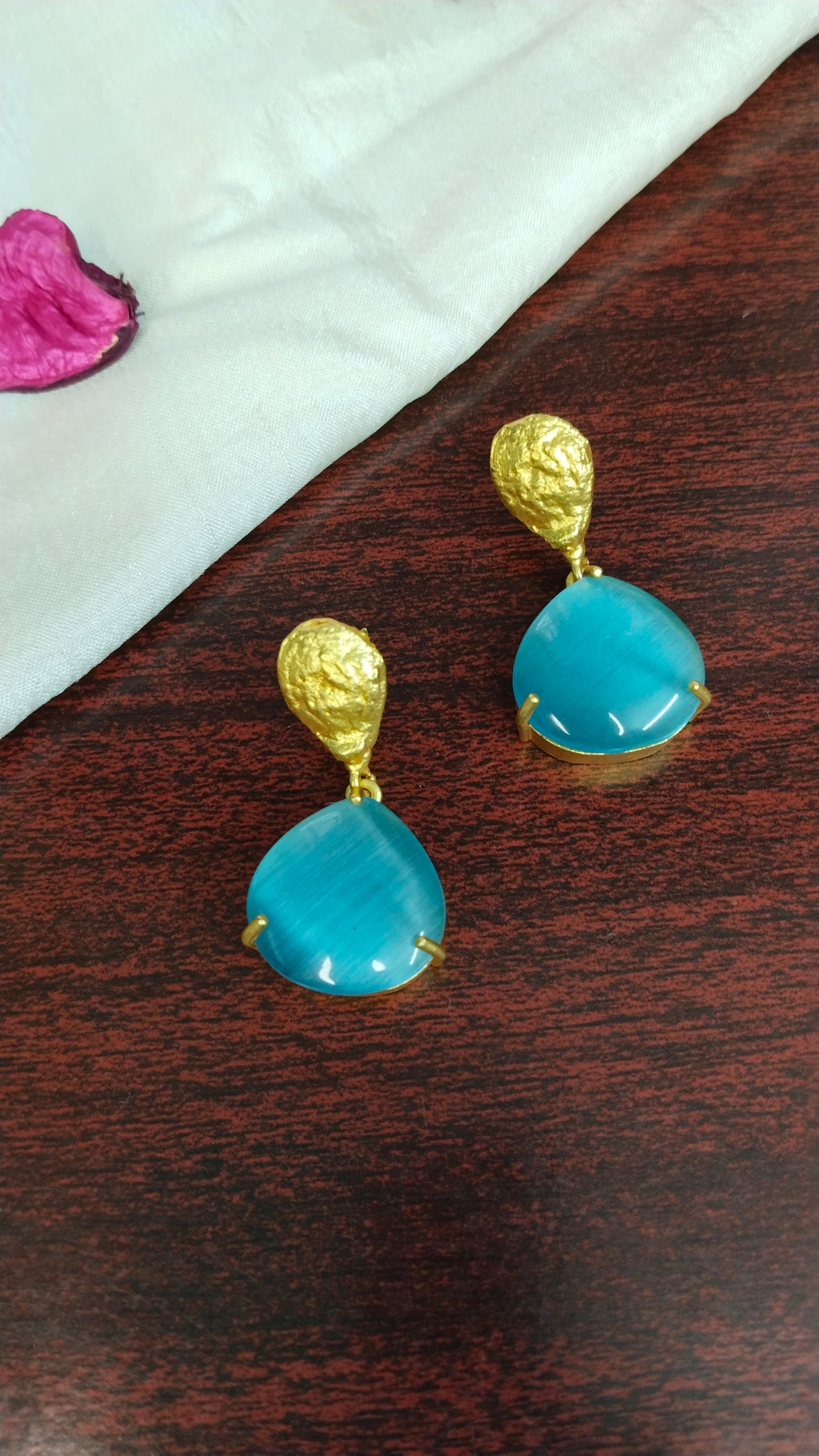 Sky blue monalisa stone with hammered drop top Brass earrings