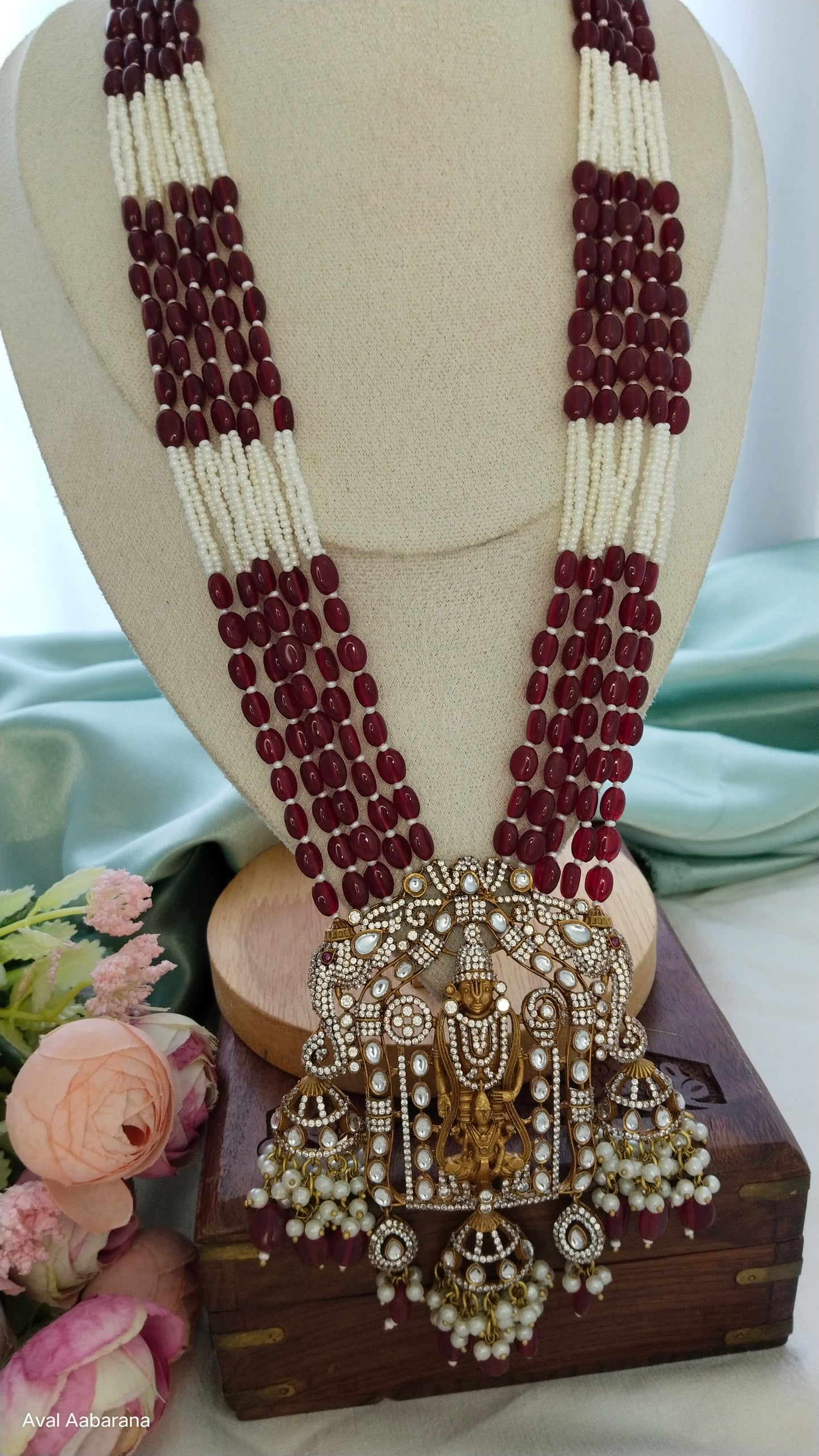 Premium doublet stone with hydro bead venkateshwara Haram with elephant designed jhumka earring,aval aabarana ,best fashion jewellery brand, brass earrings