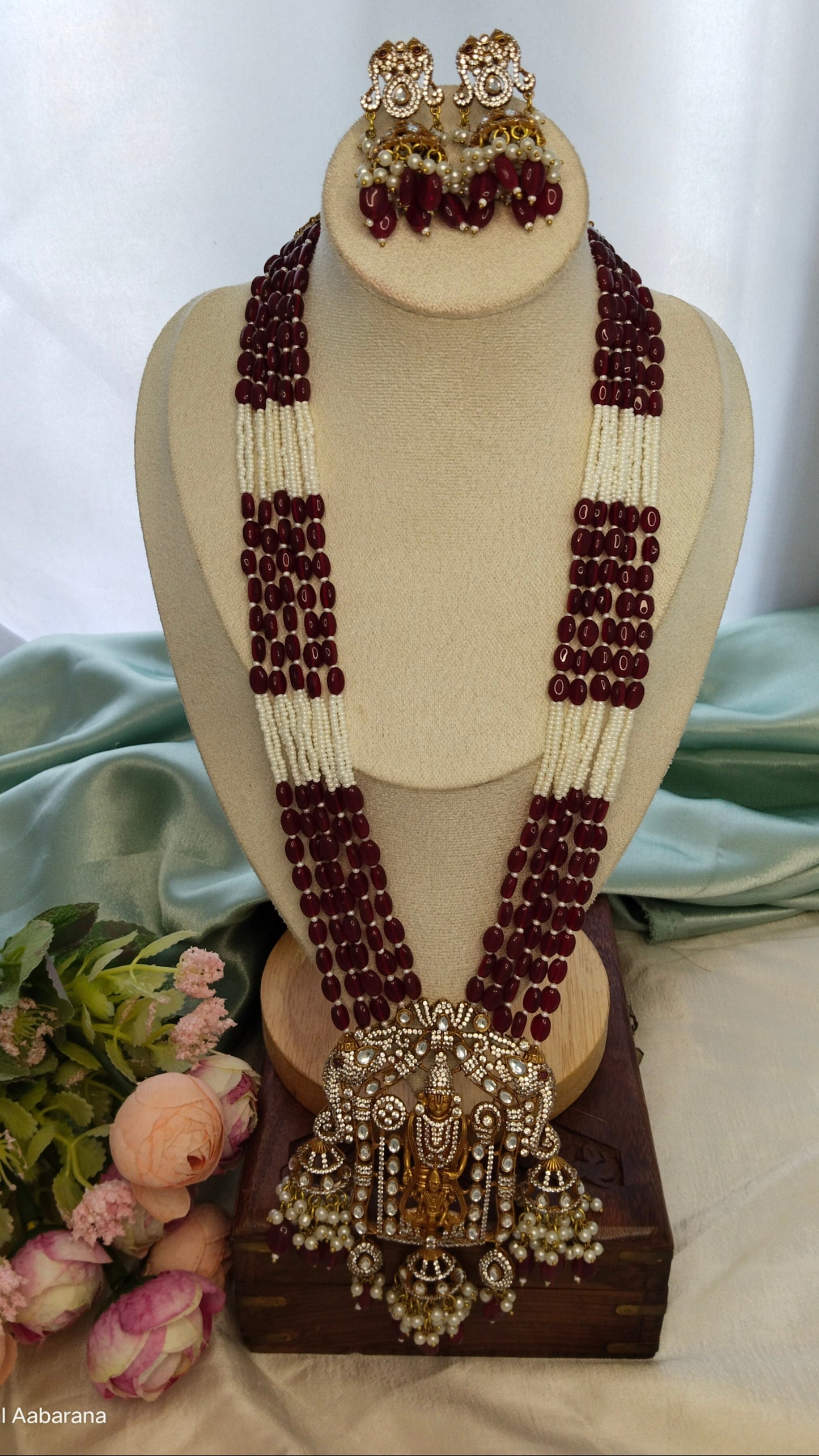 Premium doublet stone with hydro bead venkateshwara Haram with elephant designed jhumka earring,aval aabarana ,best fashion jewellery brand, brass earrings