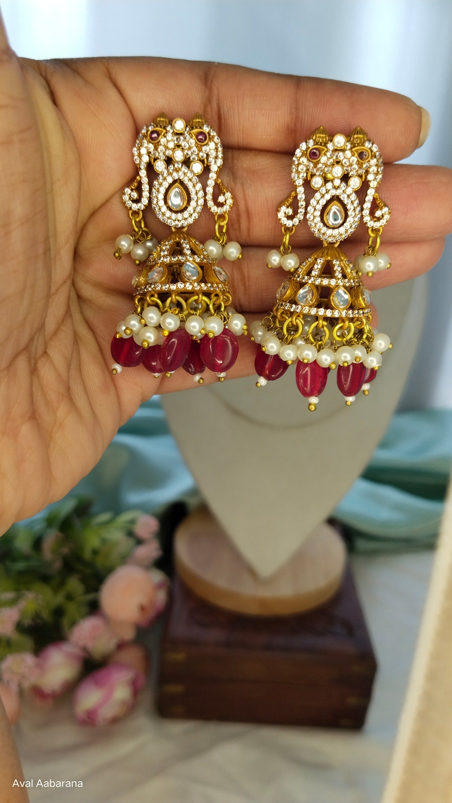 Premium doublet stone with hydro bead venkateshwara Haram with elephant designed jhumka earring (Red & Pink)