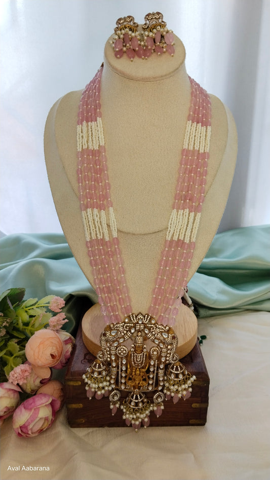 Premium doublet stone with hydro bead venkateshwara Haram with elephant designed jhumka earring (Red & Pink)