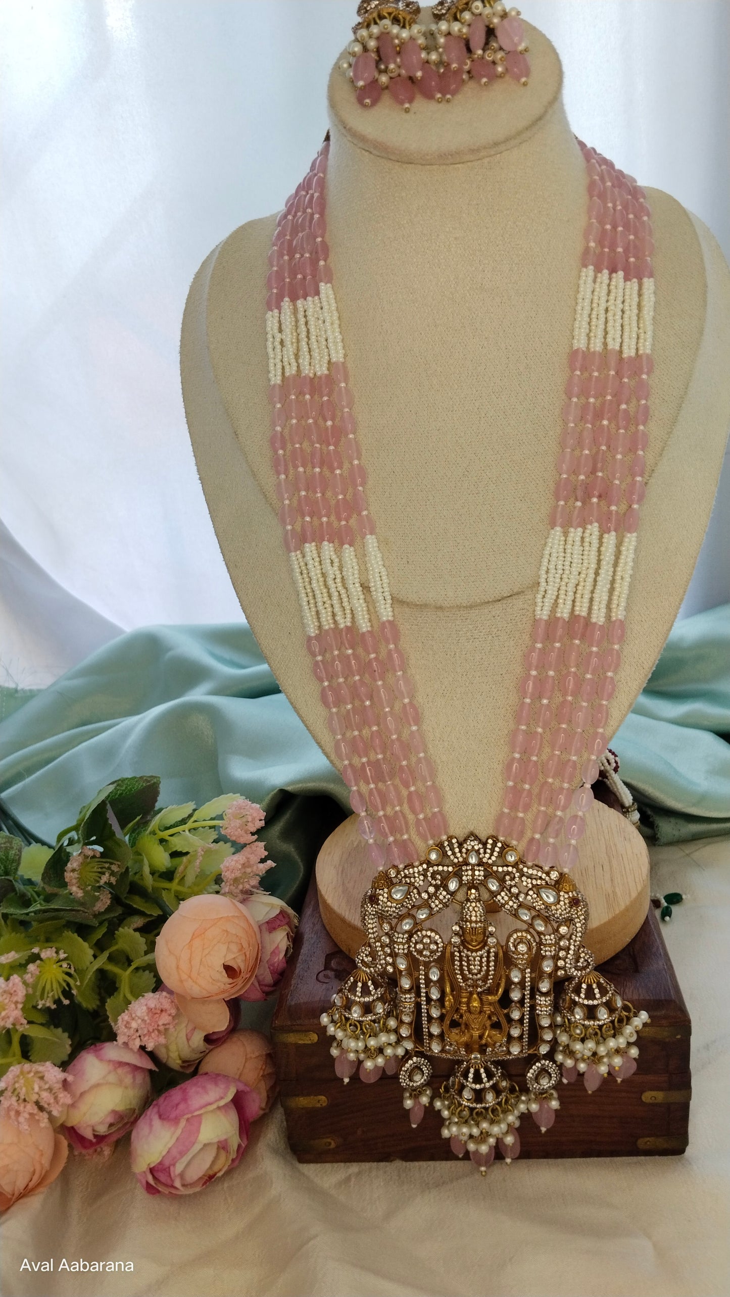 Premium doublet stone with hydro bead venkateshwara Haram with elephant designed jhumka earring,aval aabarana ,best fashion jewellery brand, brass earrings