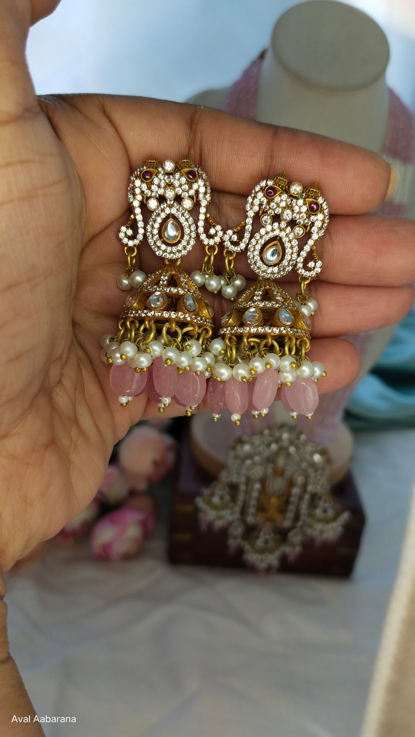 Premium doublet stone with hydro bead venkateshwara Haram with elephant designed jhumka earring (Red & Pink)