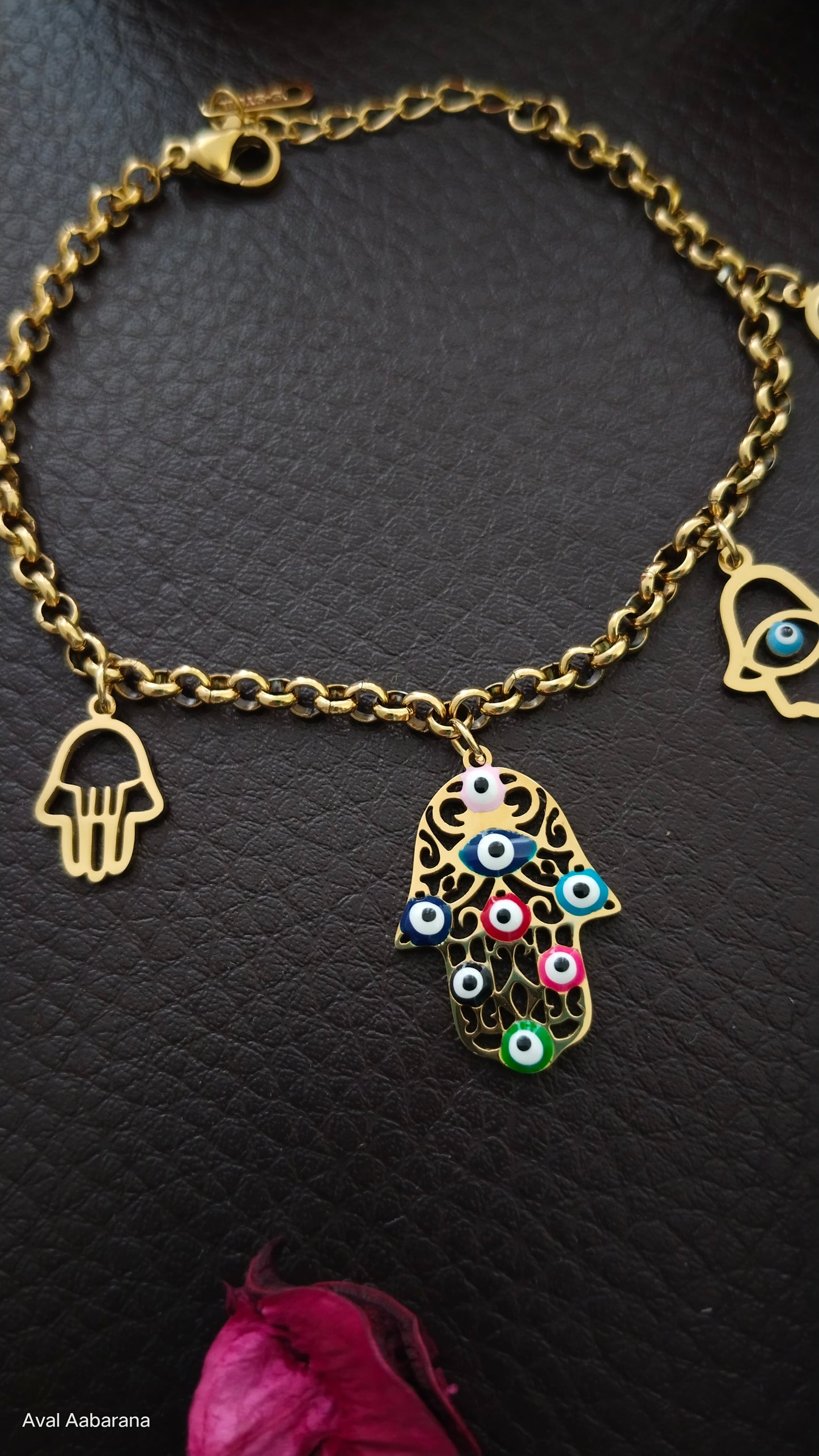 Anti tarnish Multi color Evil eye Hand charms stainless steel Bracelets, aval aabarana ,best fashion jewellery brand, brass earrings