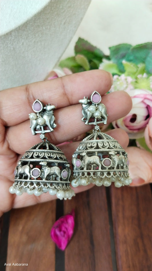 Silver Replica Nandi Jhumka ( Pink & Yellow)