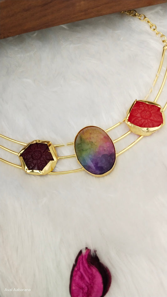 Brass self carved Raw stone & monalisa stone 3 layer Hasli Choker,aval aabarana ,best fashion jewellery brand, brass earrings