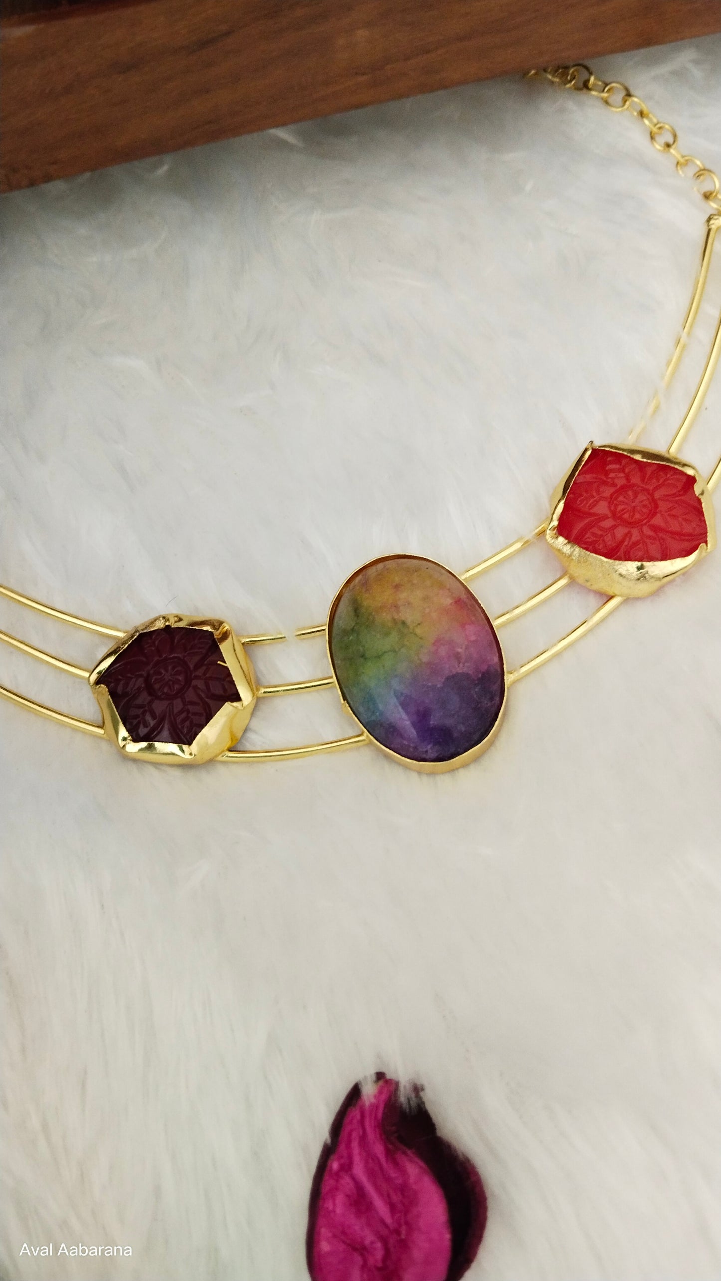 Brass self carved Raw stone & monalisa stone 3 layer Hasli Choker
