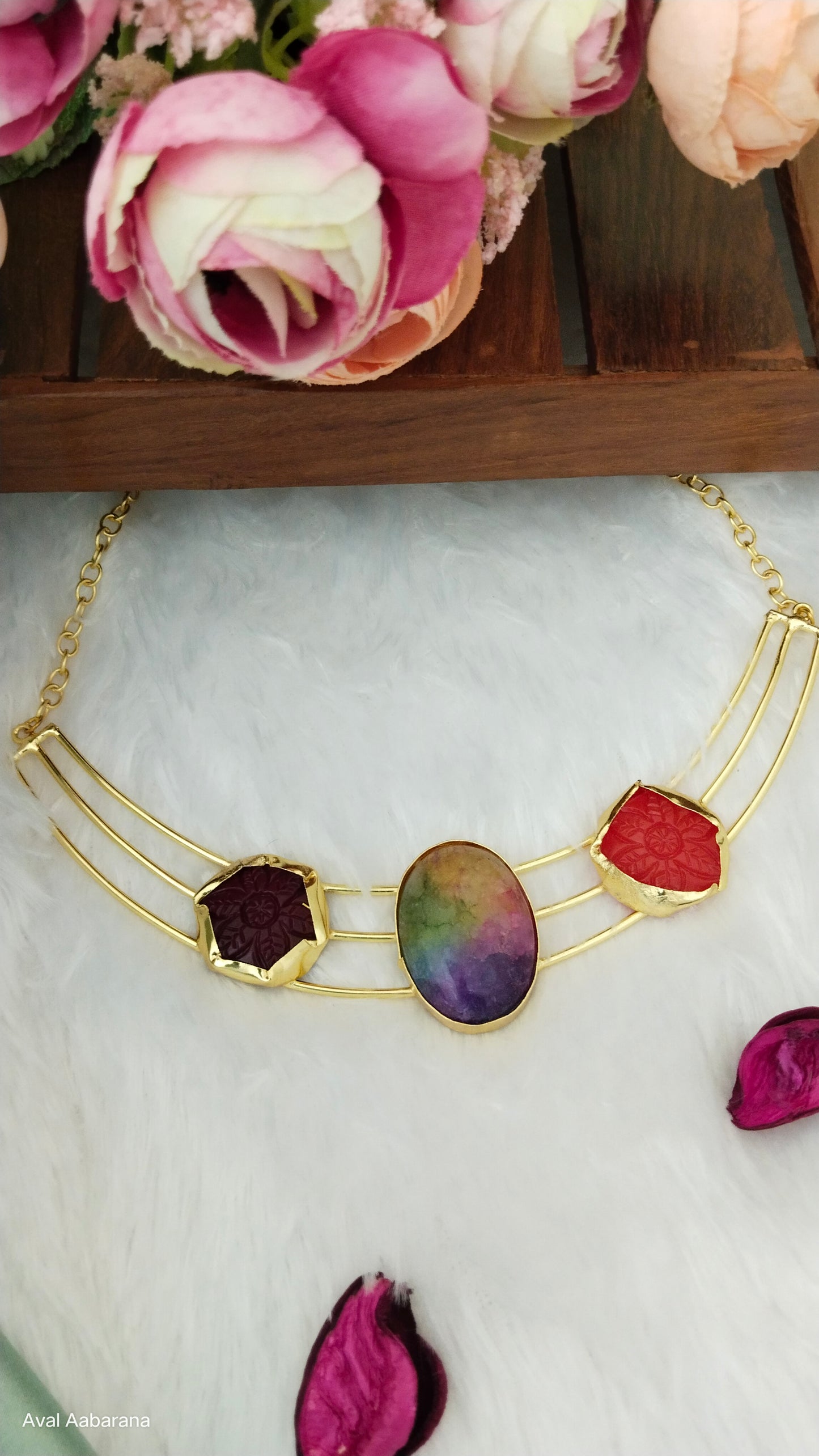 Brass self carved Raw stone & monalisa stone 3 layer Hasli Choker