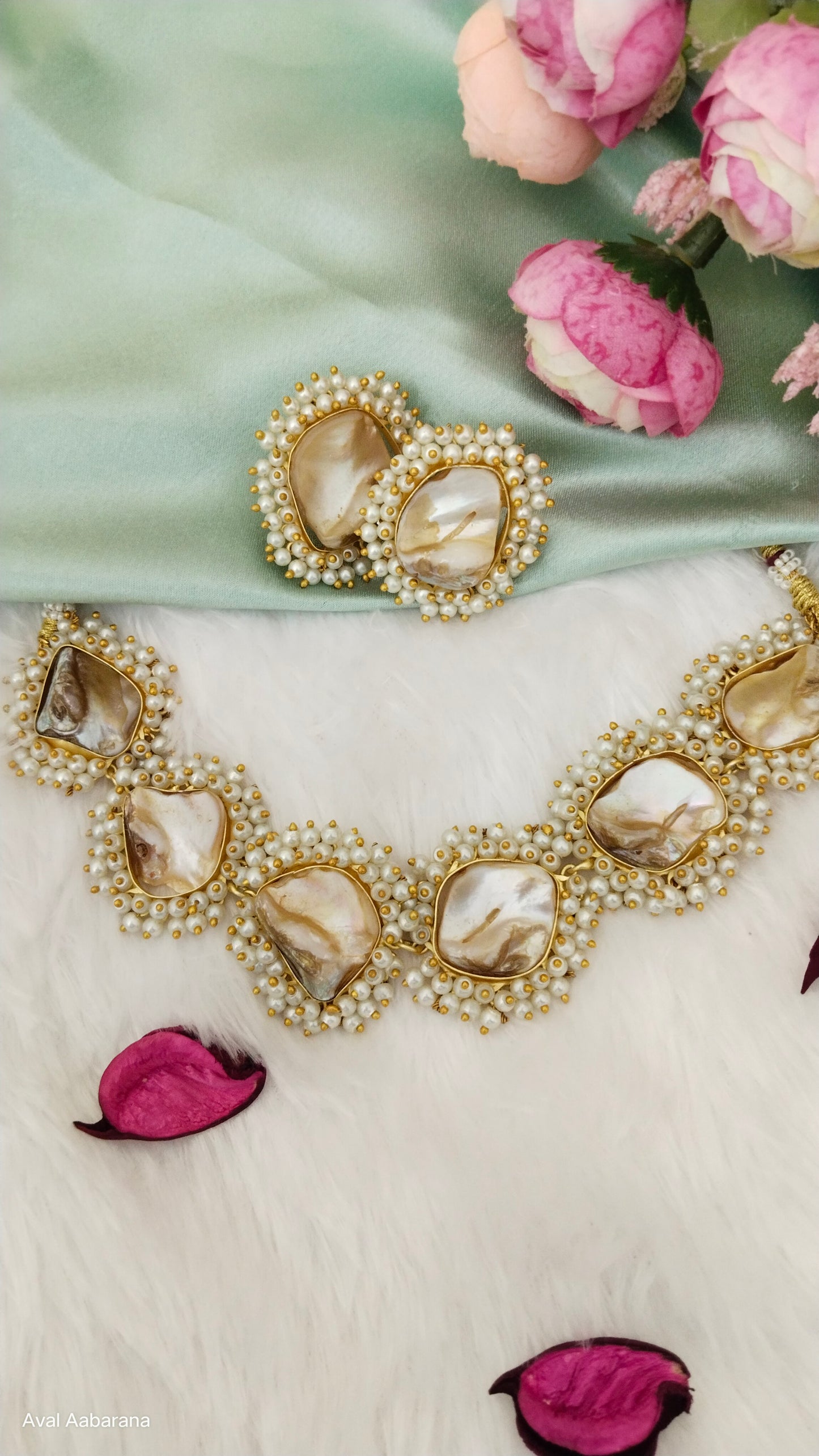 Mother of pearl statement necklace set with earring, aval aabarana ,best fashion jewellery brand, brass earrings