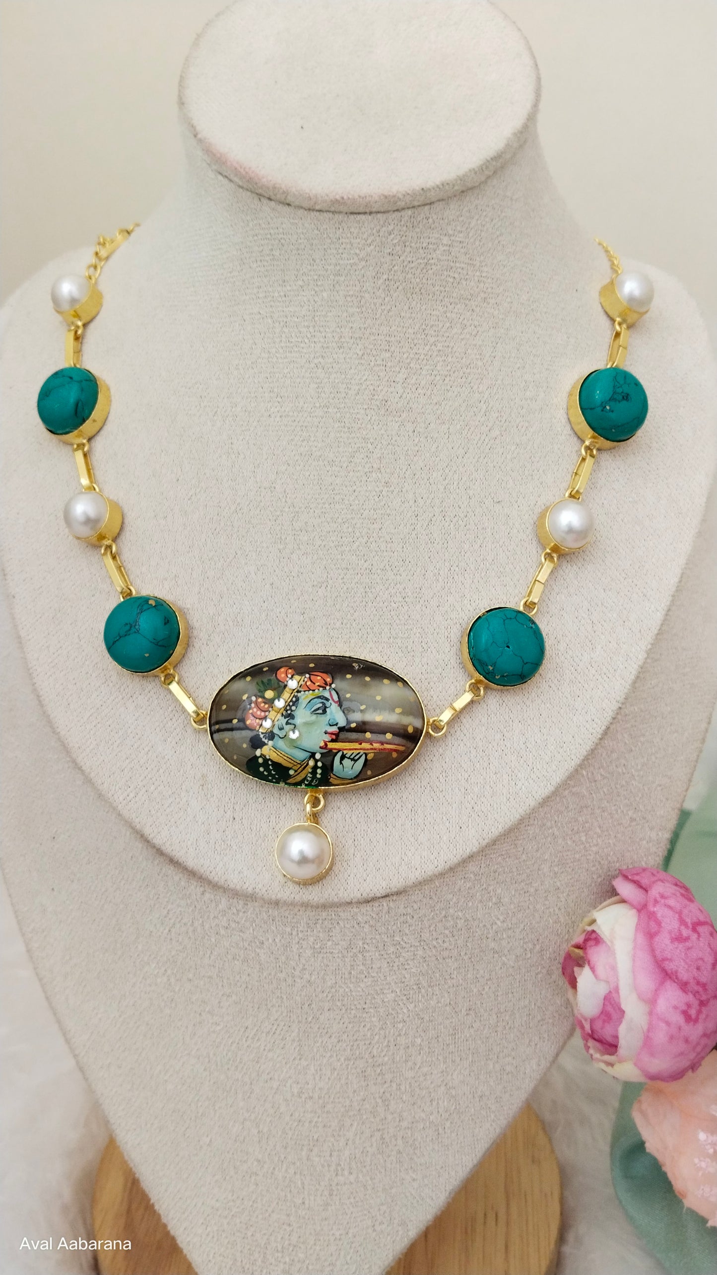 Krishna Hand Painted meenakari work necklace adorned with pearl