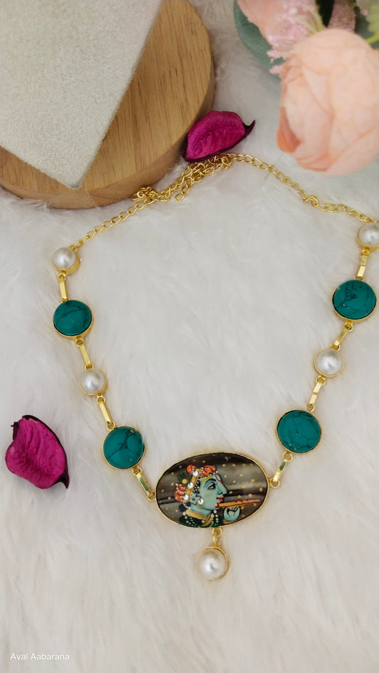 Krishna Hand Painted meenakari work necklace adorned with pearl