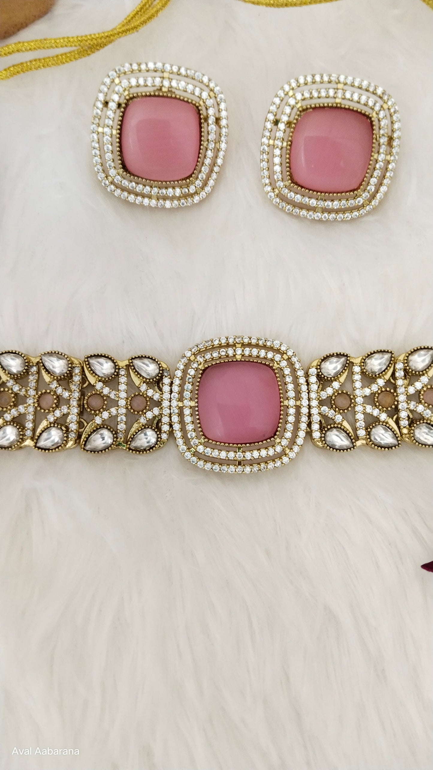 premium Polki Kundan Pink square choker necklace with earring