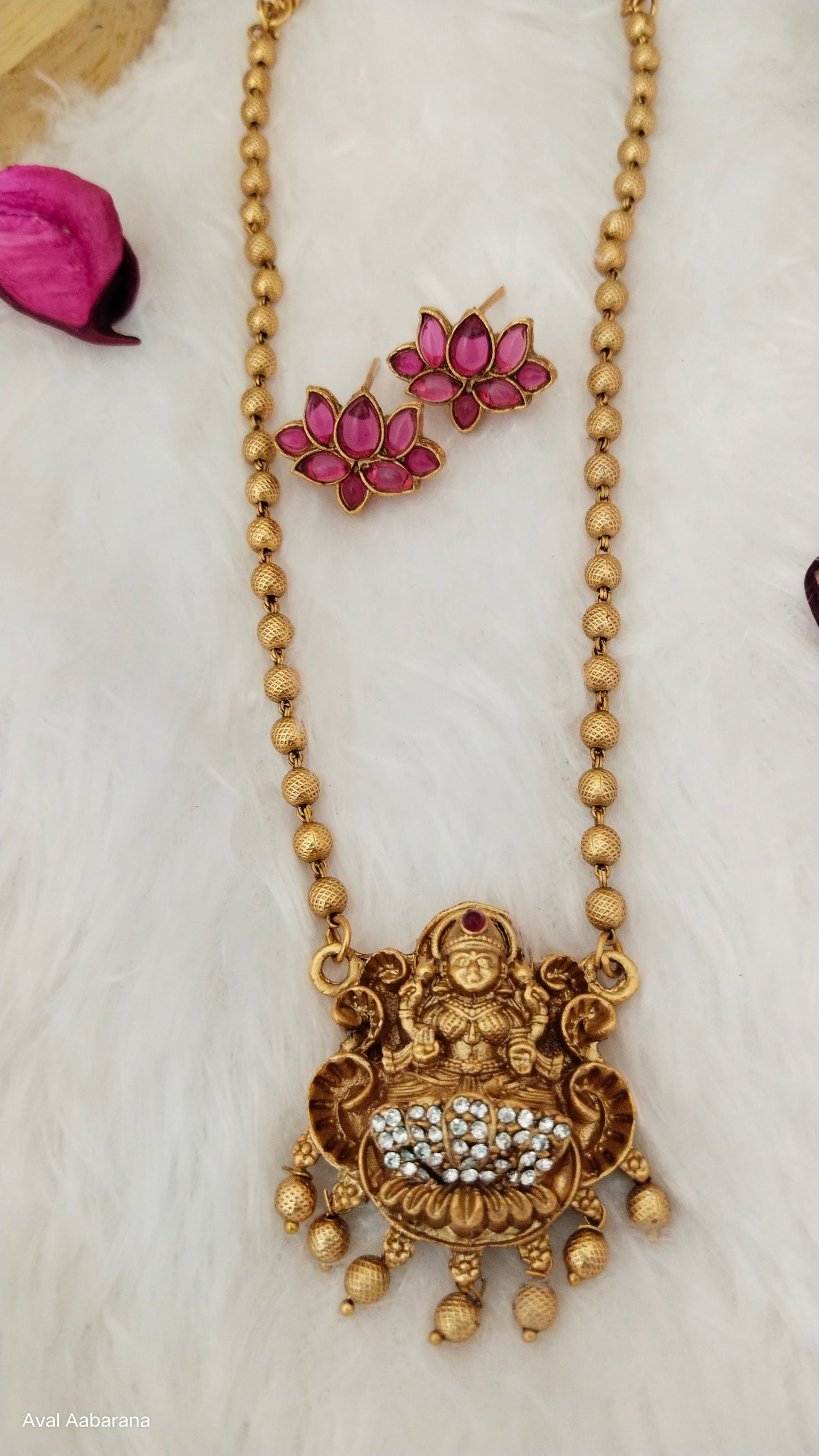 Lakshmi Pendant chain with lotus stud,aval aabarana ,best fashion jewellery brand, brass earrings
