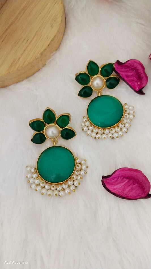 Turquoise blue with green Flower Brass earring