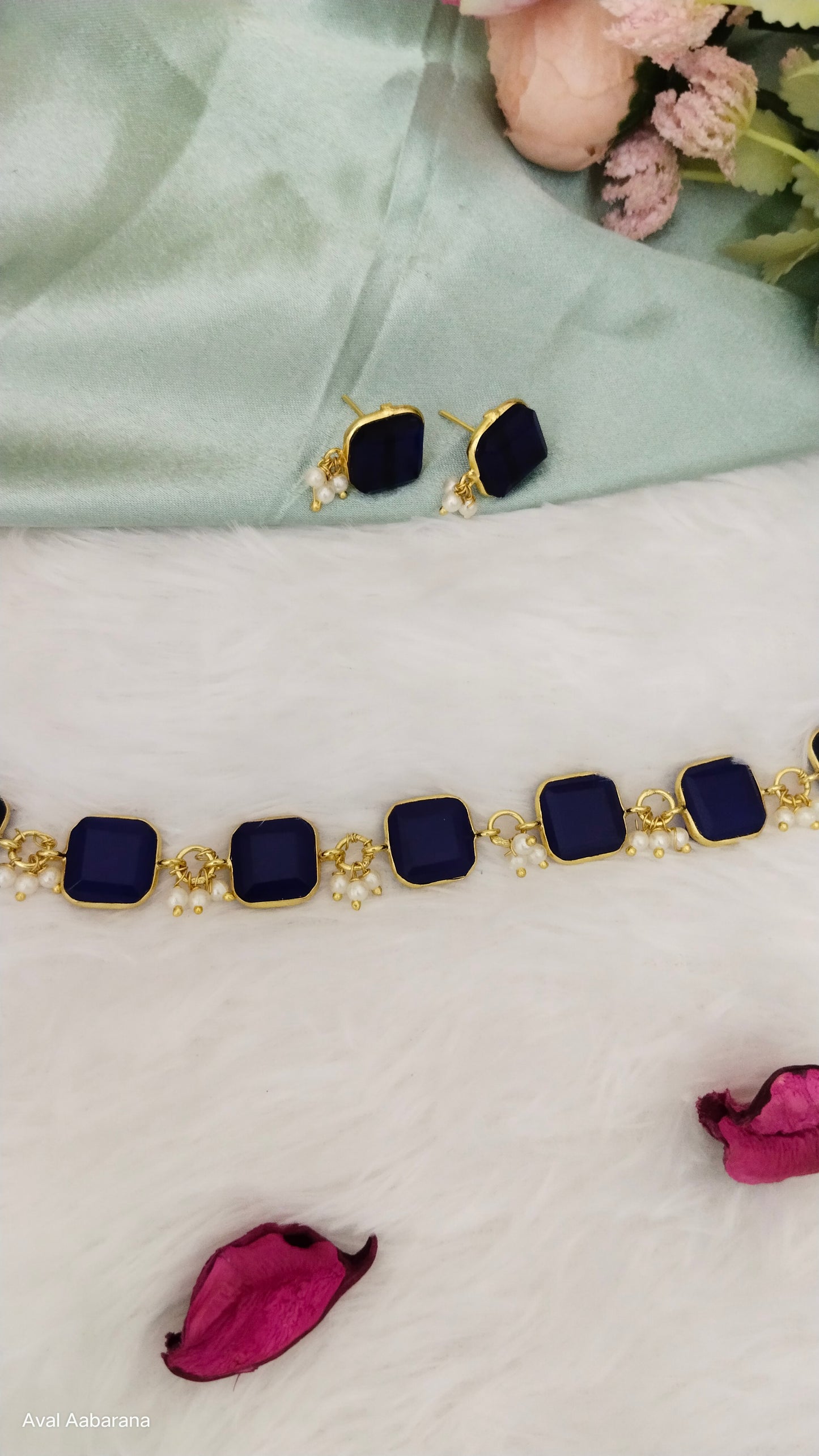 Elegant Royal blue monalisa stone square hasli with stud adorned with pearl, aval aabarana ,best fashion jewellery brand, brass earrings,