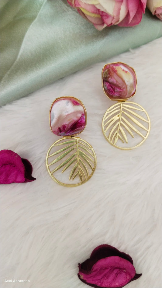 Pink colored mother of pearl leaf earring