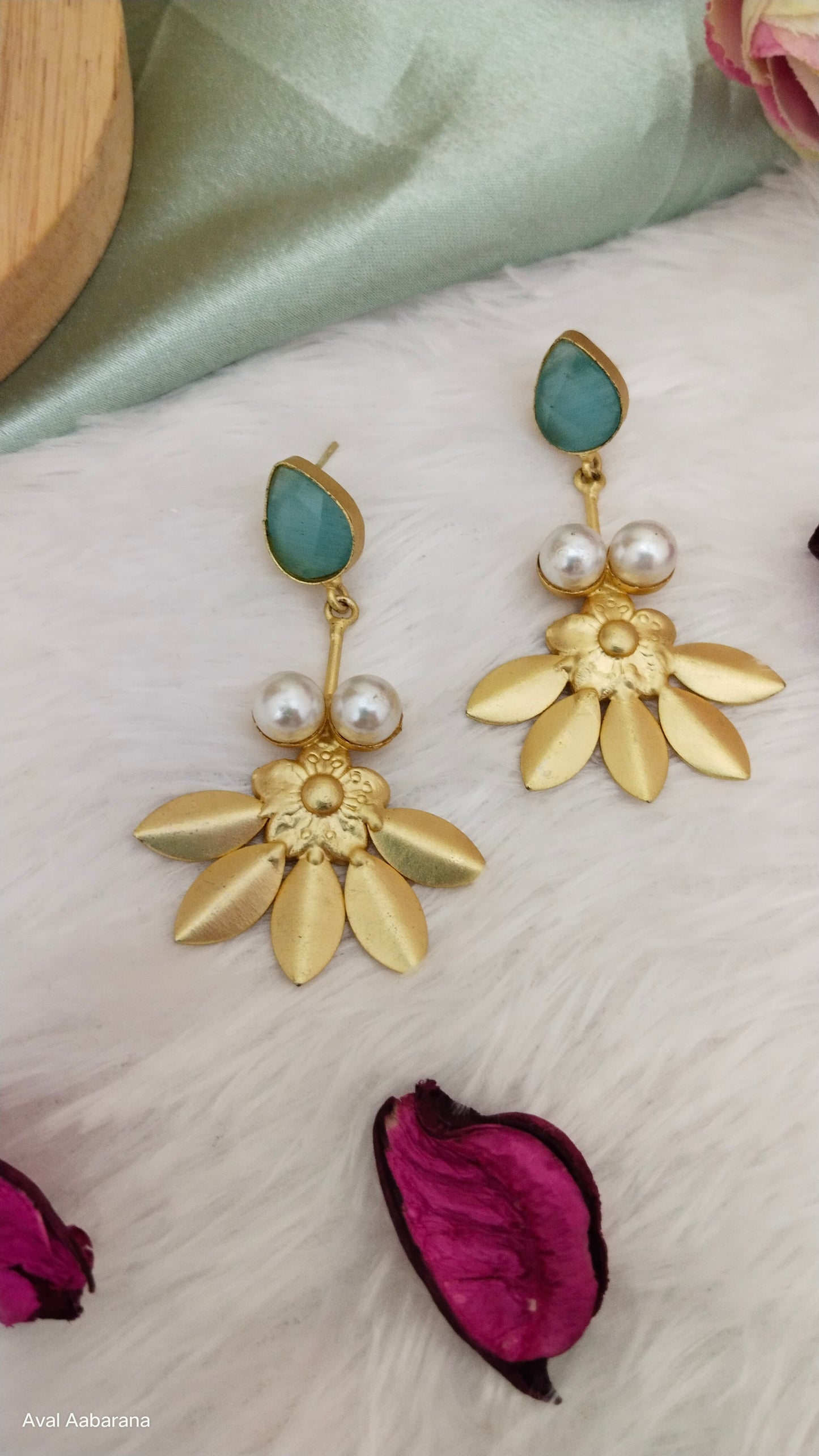Orange& sky blue Monalisa stone with self designed leaf shaped Brass earring