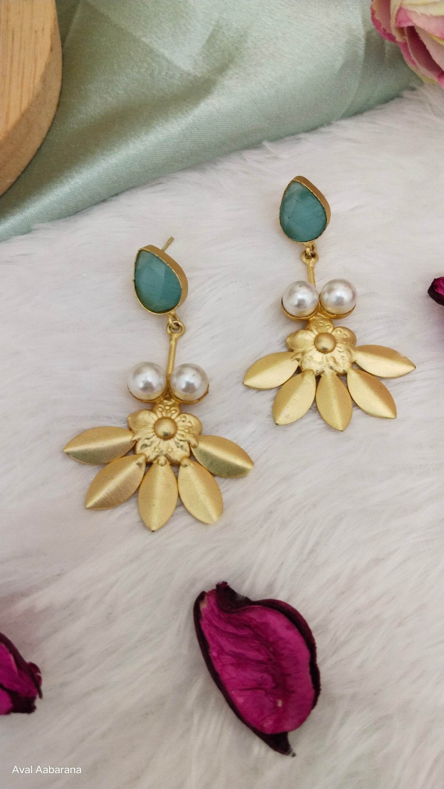 Orange& sky blue Monalisa stone with self designed leaf shaped Brass earring