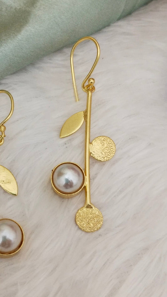 Pearl adorned Brass leaf earring, aval aabarana ,best fashion jewellery brand, brass earrings, Orange earrings, Necklace, husli, choker