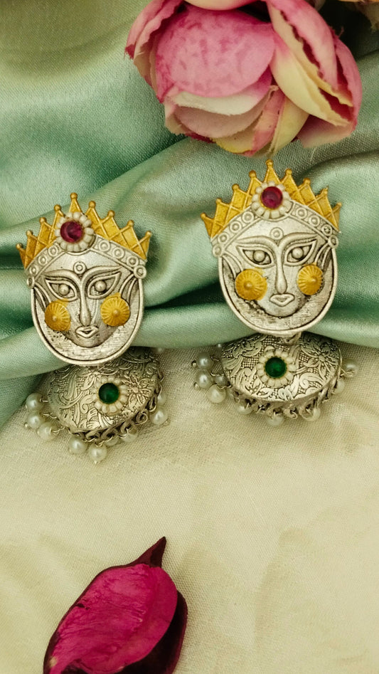 Silver replica goddess durga face earring