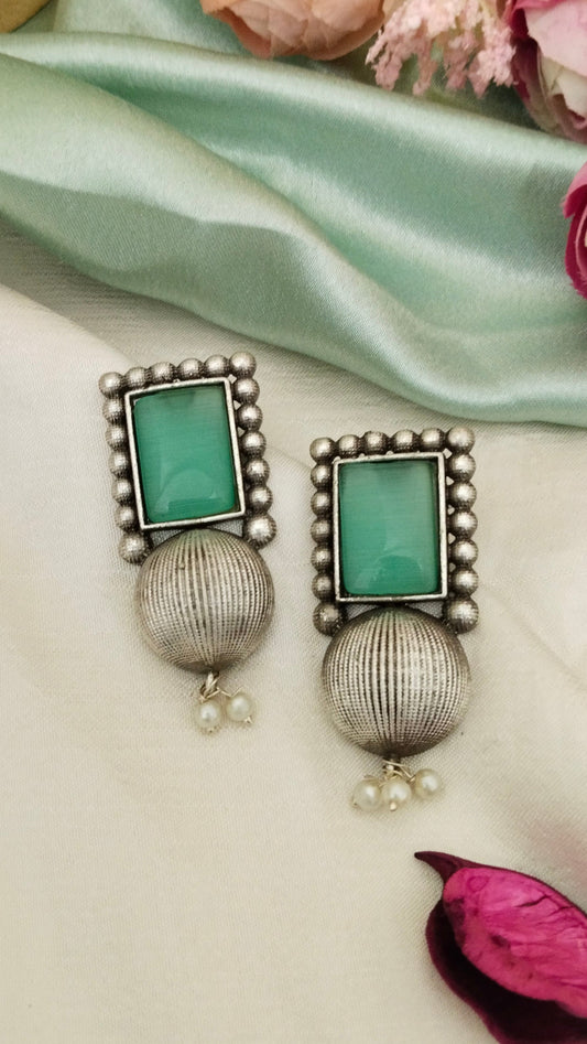 Elegant Silver replica monalisa stone earring in turquoise & mint green