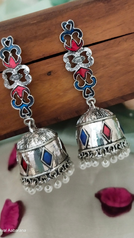 Silver Tone branded quality Jhumka in blue with maroon