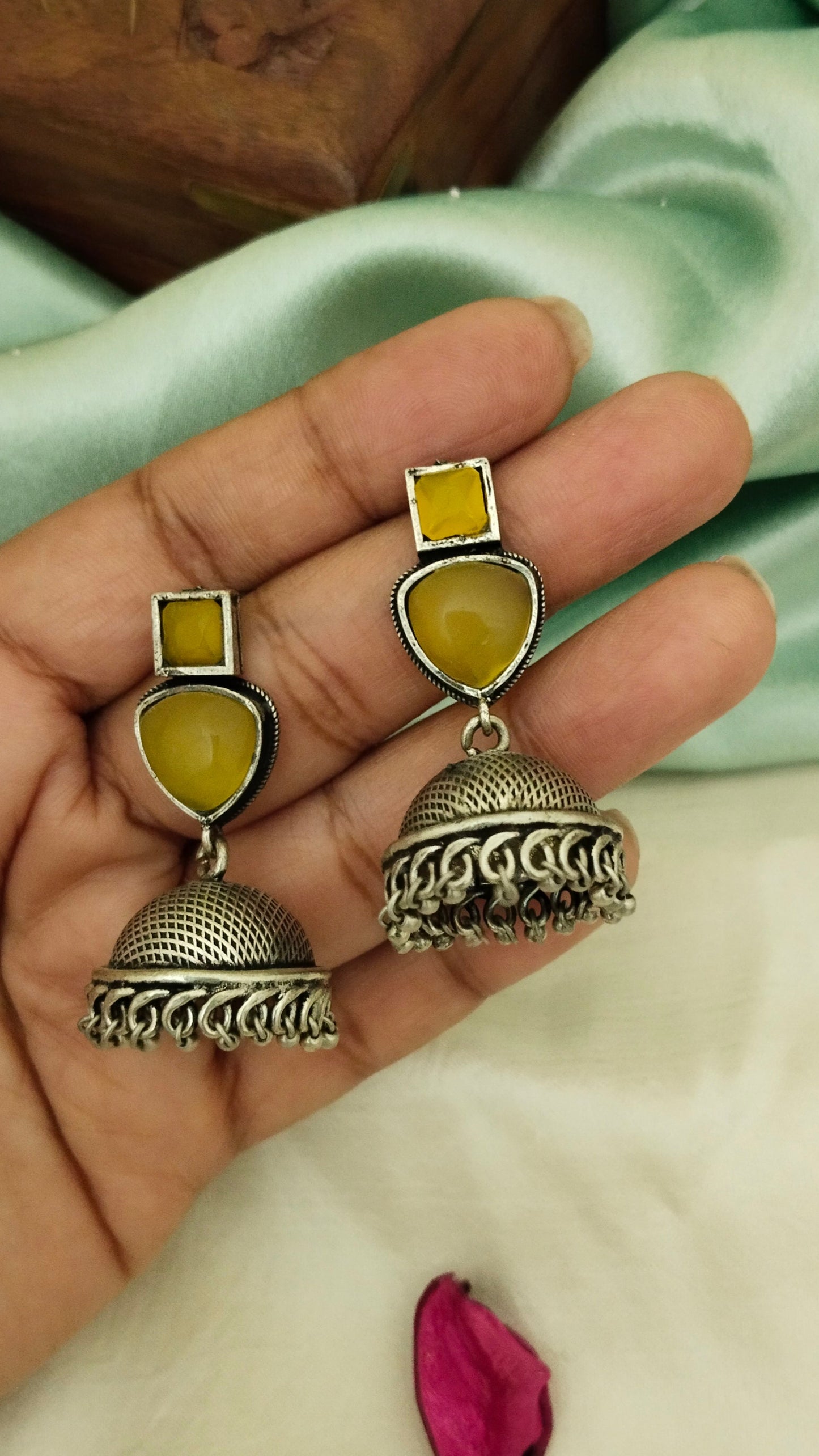 Beautiful Silver replica Jhumka earring in Orange, yellow & green