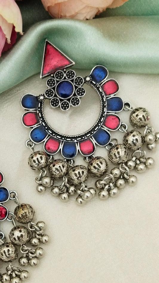 Enameled Blue & red chandbali earring