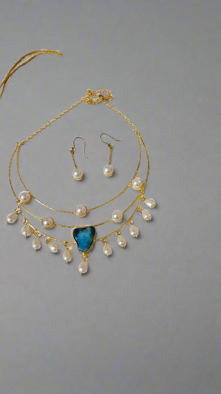 Agate stone pearl adorned 3 layer husli