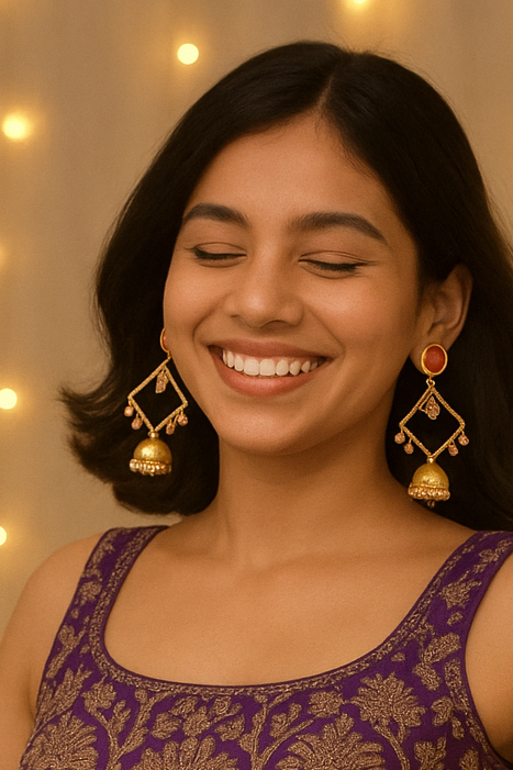 Weightless long Jhumka with monalisa stone in orange & sky blue with pearl Adorned