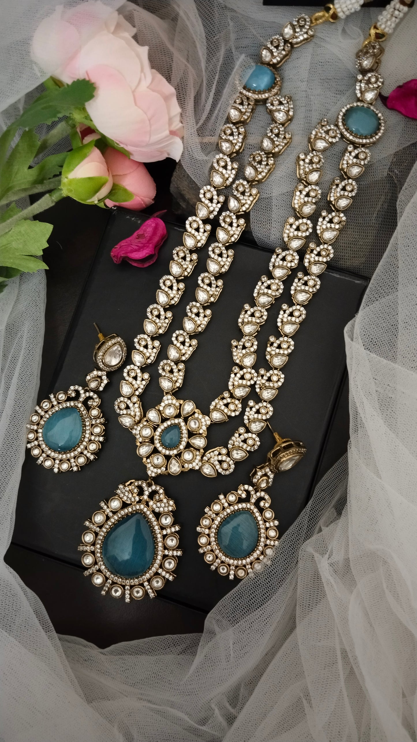 Premium Quality doublet polki long Haram/Har Necklace set with Beautiful earring in Yellow & Sky blue colours