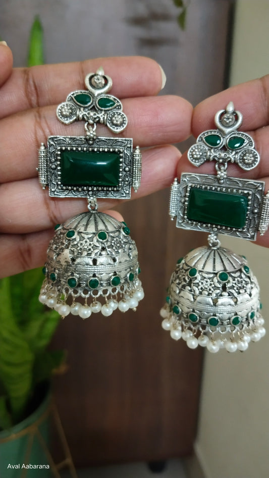 Silver Replica Emerald green royal Jhumka