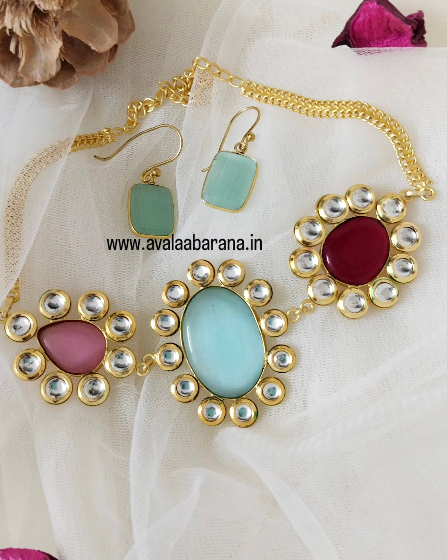 BM201 Multicolour monalisa stone Brass necklace/ choker with earring