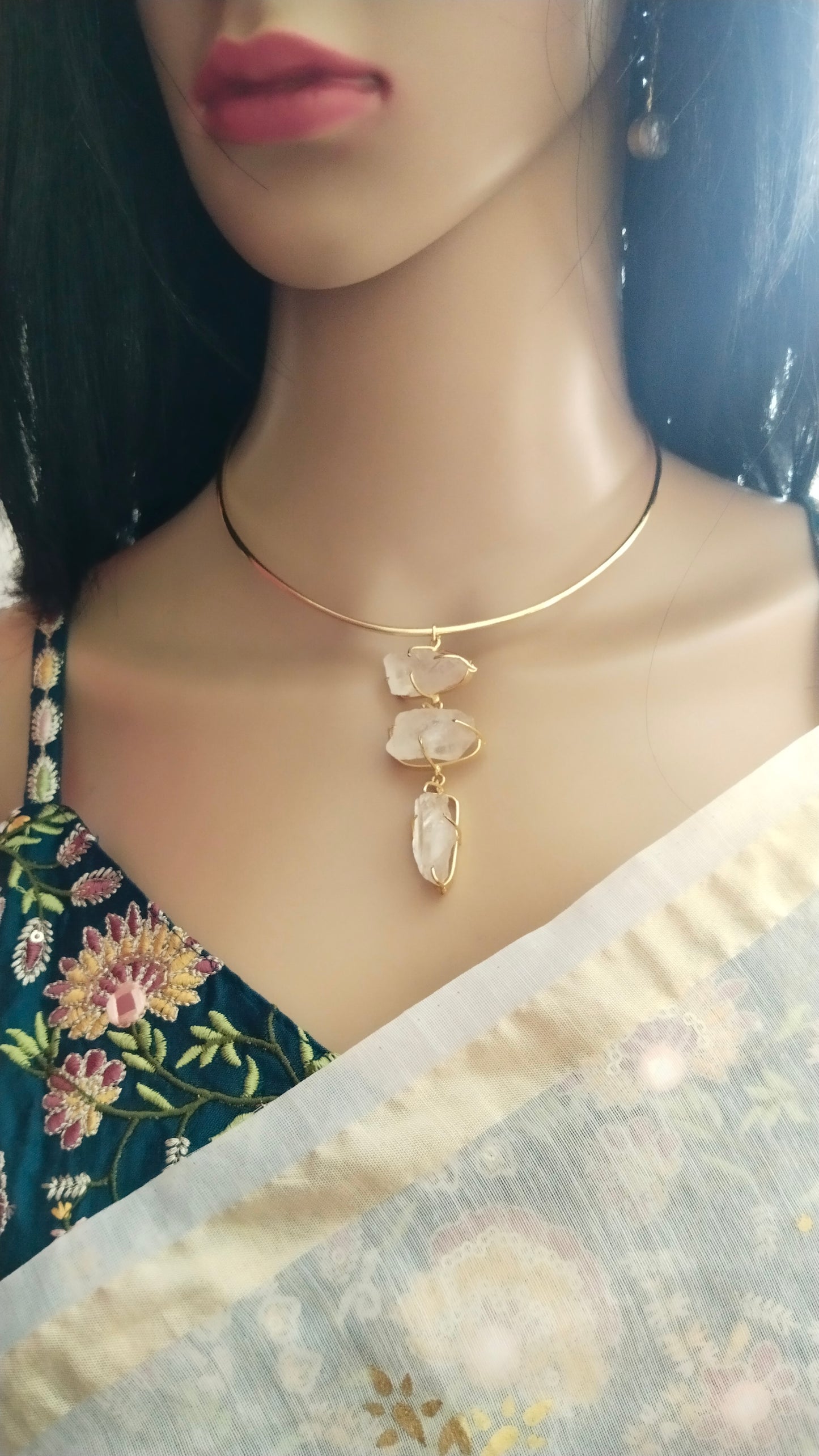 White 3 crystal stone Brass Hasli