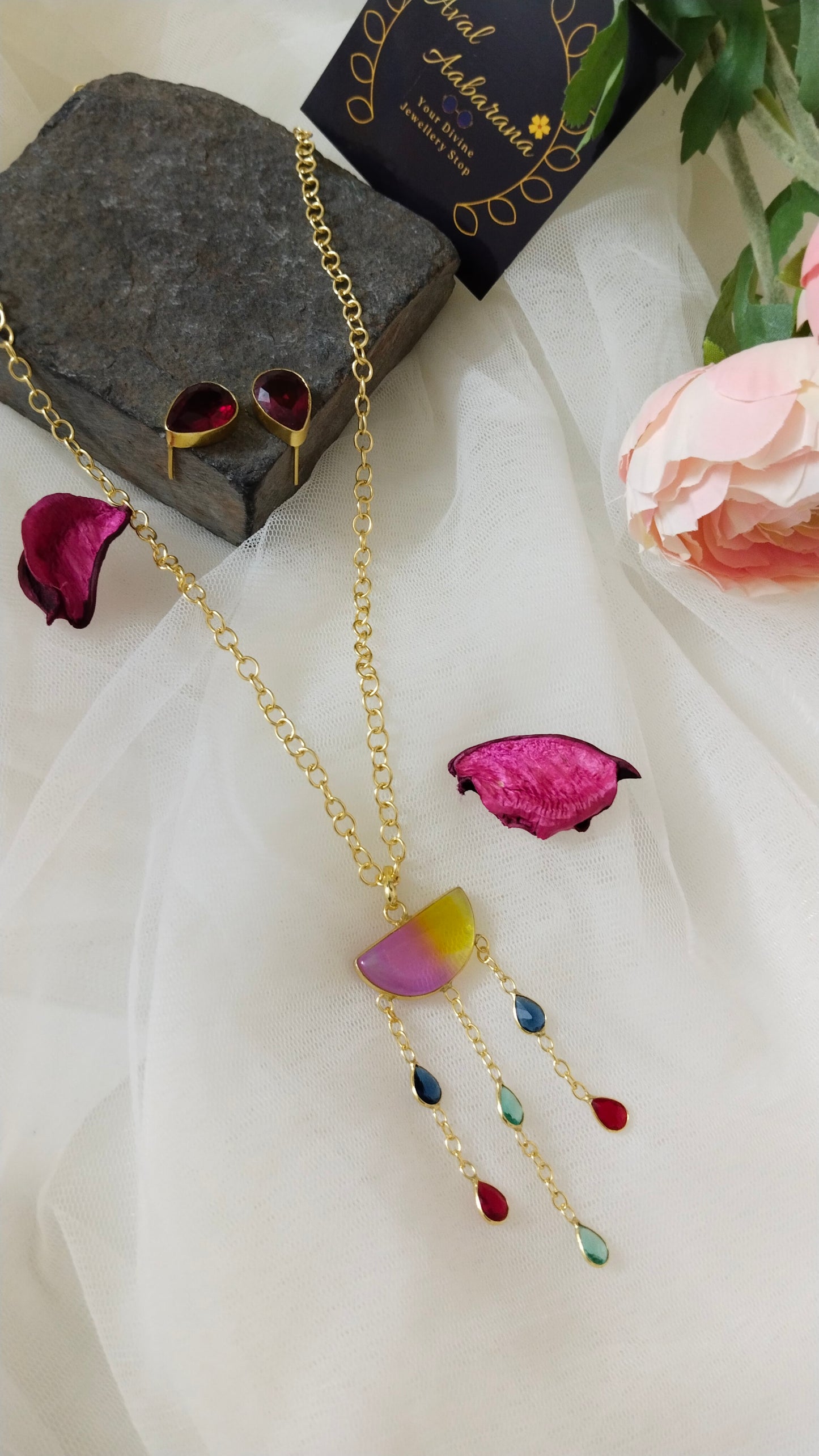 Multi colour stone western long pendant chain