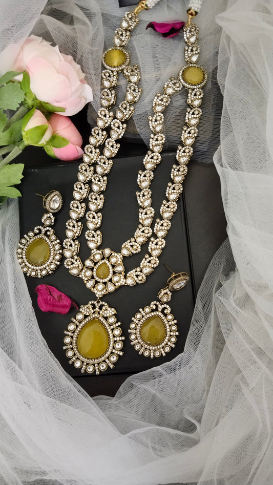 Premium Quality doublet polki long Haram/Har Necklace set with Beautiful earring in Yellow & Sky blue colours