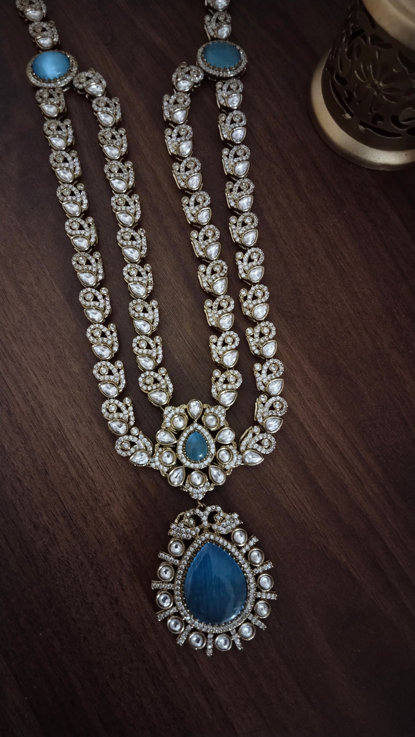 Premium Quality doublet polki long Haram/Har Necklace set with Beautiful earring in Yellow & Sky blue colours