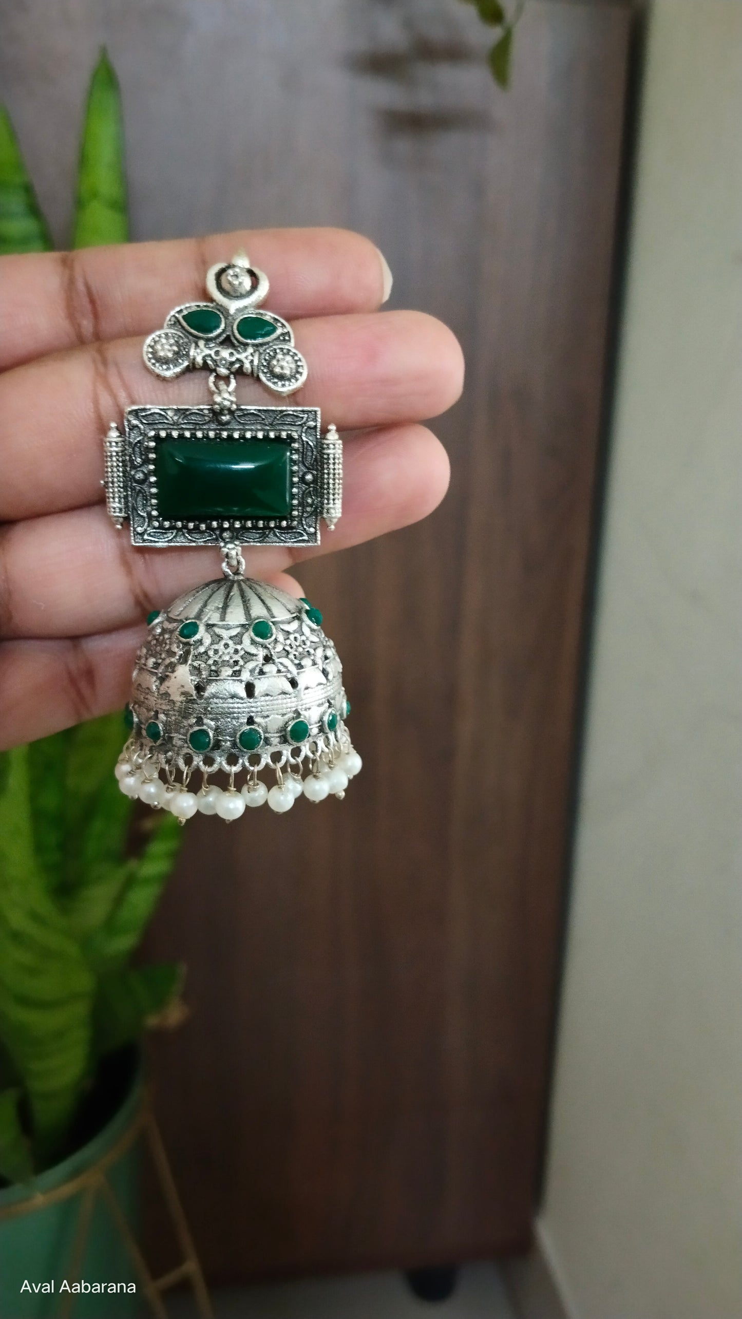 Silver Replica Emerald green royal Jhumka