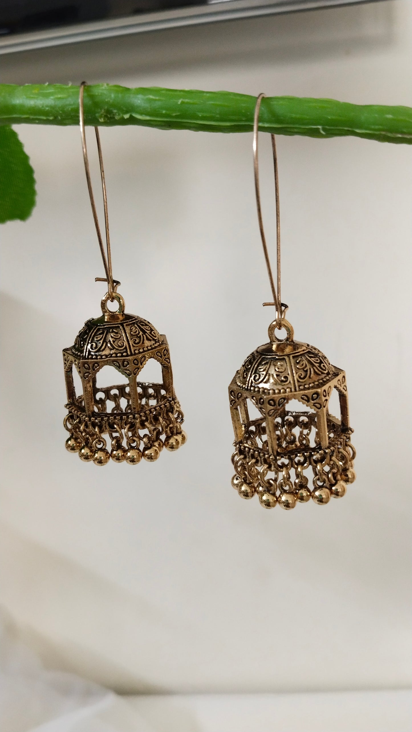 Long hook Jhumka in silver tone & Antique tone