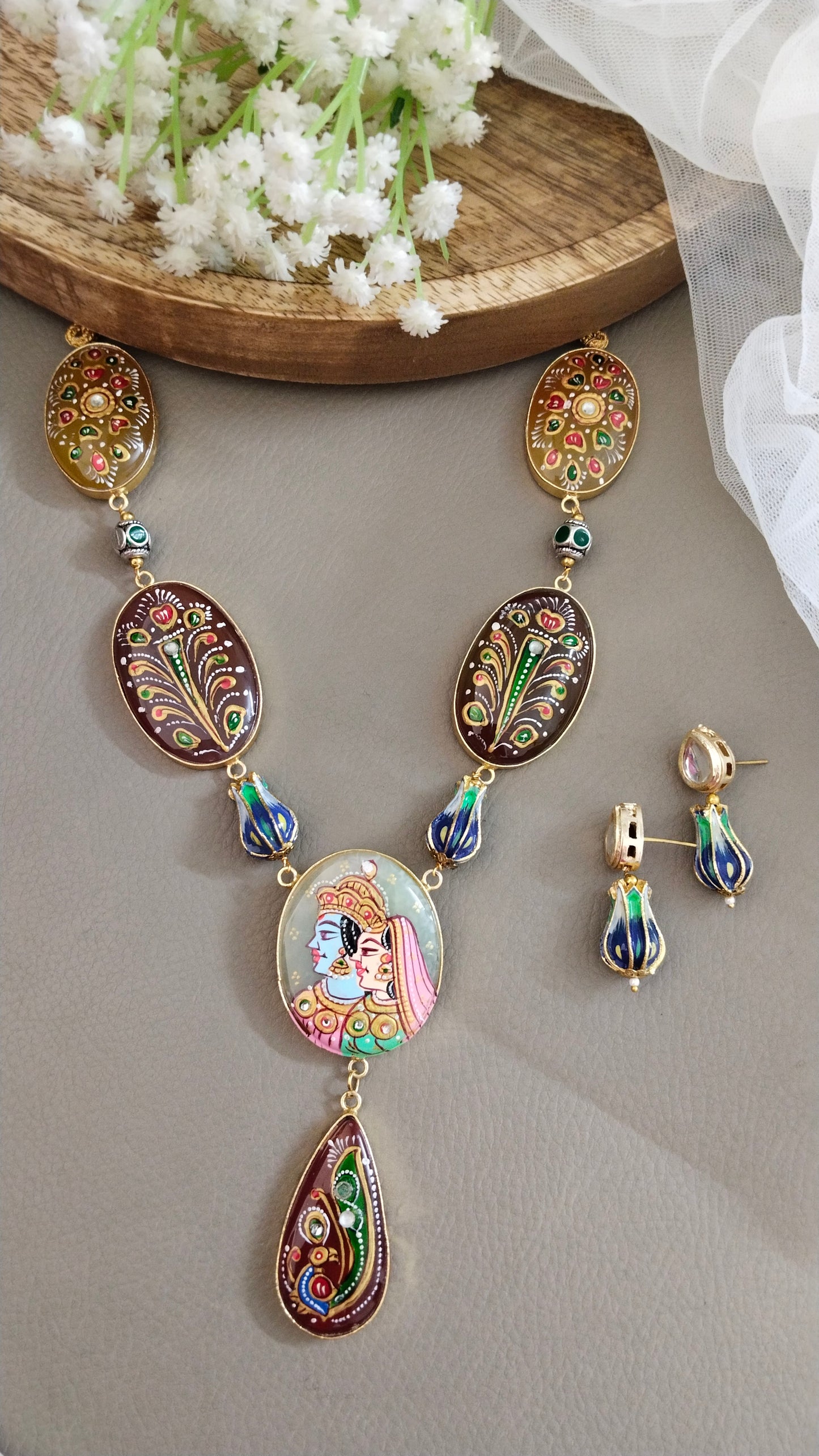 Hand painted Meenakari Raja Rani Har/Haram necklace set