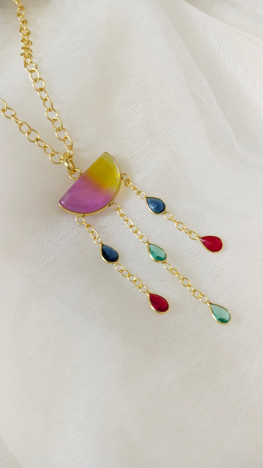 Multi colour stone western long pendant chain